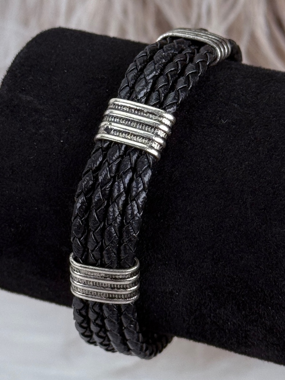 Black Braided Faux Leather Bracelet Silver Tone Hook Clasp Unisex Layered